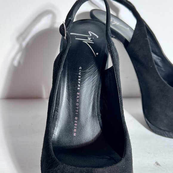 Giuseppe Zanotti Blk Suede Snakeskin High Heel Peeptoe Slingback Pump Sz 8.5 - Picture 12 of 15